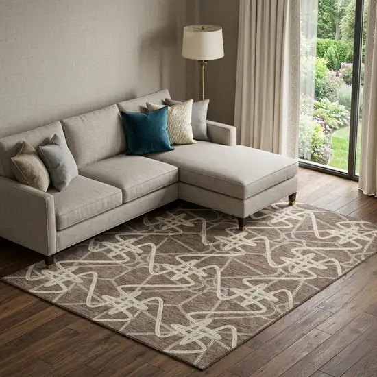 Brown And Ivory Geometric Washable Area Rug With UV Protection Photo 1