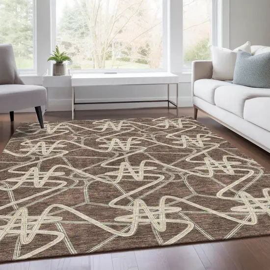 Brown And Ivory Geometric Washable Area Rug With UV Protection Photo 5
