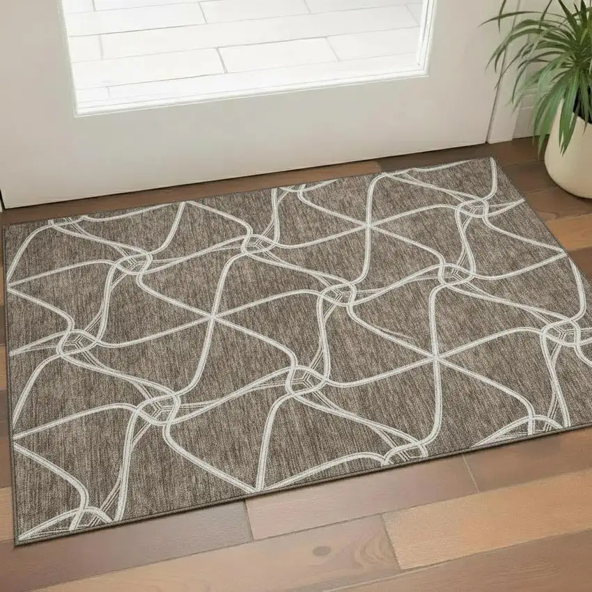 Brown And Ivory Geometric Washable Area Rug With UV Protection Photo 2