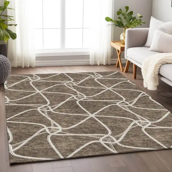 Brown And Ivory Geometric Washable Area Rug With UV Protection Photo 4