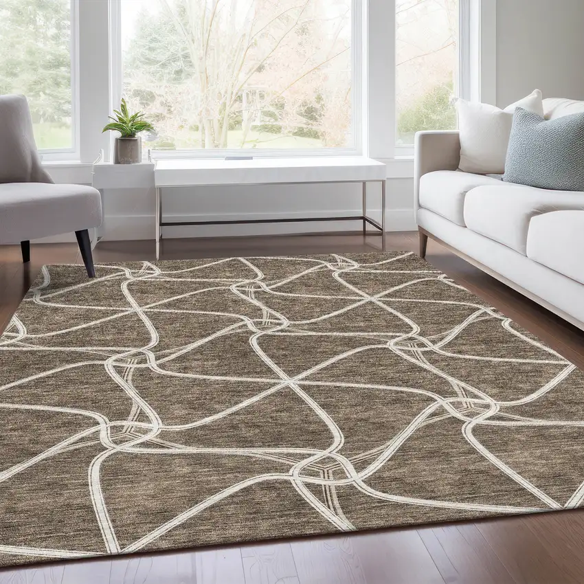 Brown And Ivory Geometric Washable Area Rug With UV Protection Photo 5