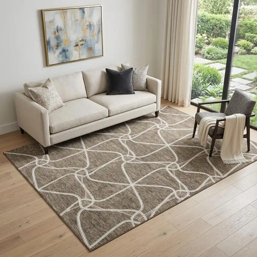 Brown And Ivory Geometric Washable Area Rug With UV Protection Photo 1