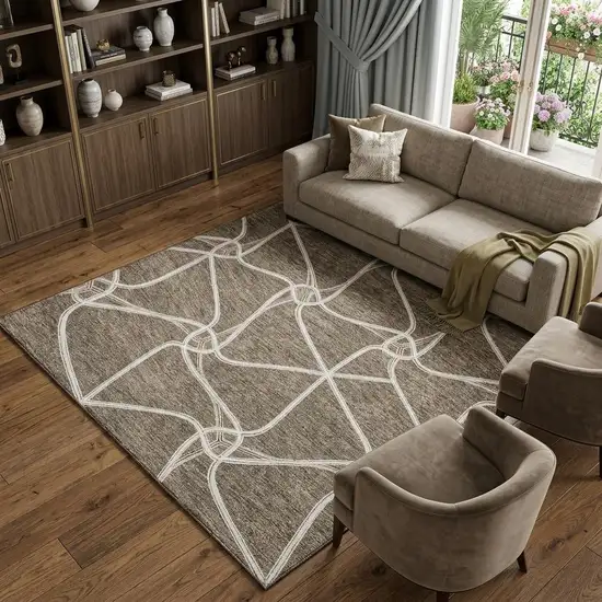 Brown And Ivory Geometric Washable Area Rug With UV Protection Photo 1