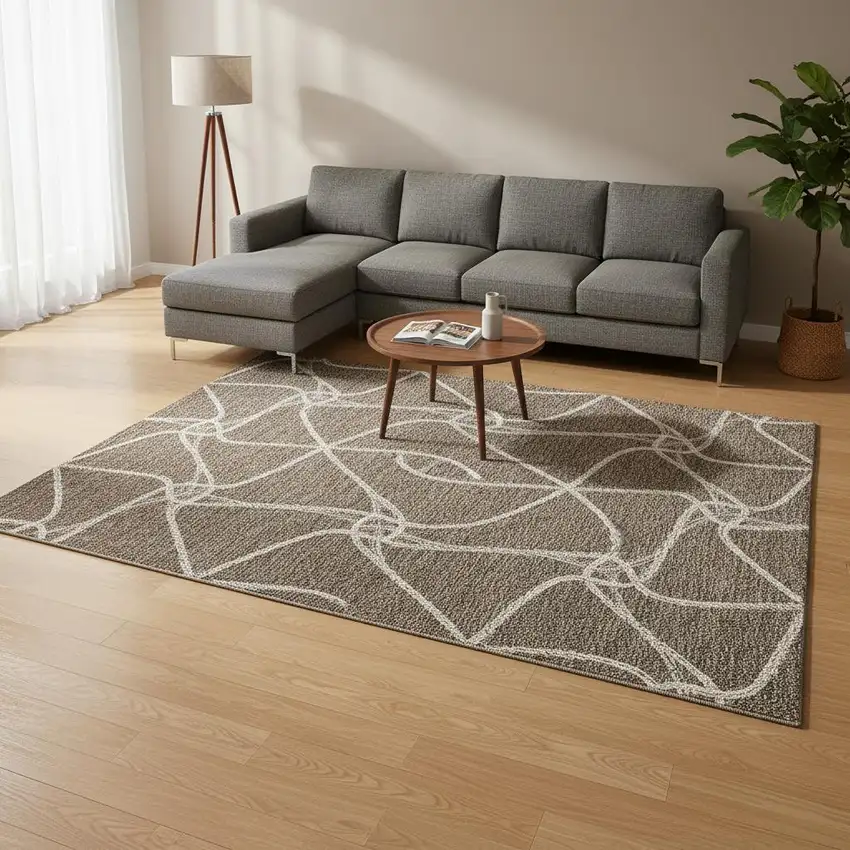 Brown And Ivory Geometric Washable Area Rug With UV Protection Photo 2