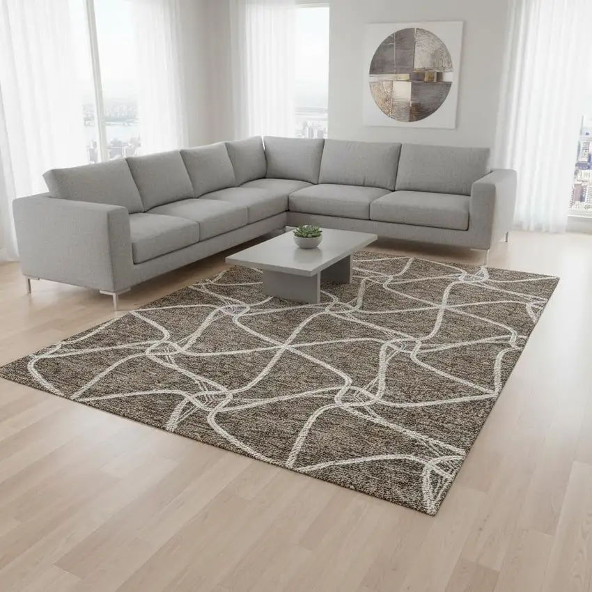 Brown And Ivory Geometric Washable Area Rug With UV Protection Photo 2