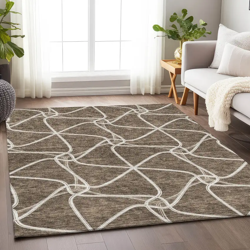 Brown And Ivory Geometric Washable Area Rug With UV Protection Photo 4