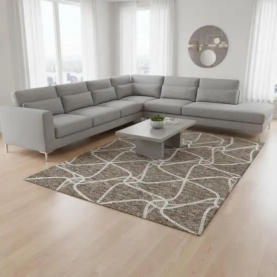 Brown And Ivory Geometric Washable Area Rug With UV Protection Photo 2