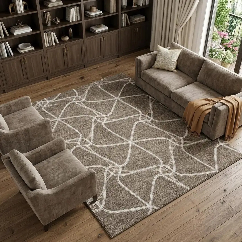 Brown And Ivory Geometric Washable Area Rug With UV Protection Photo 1