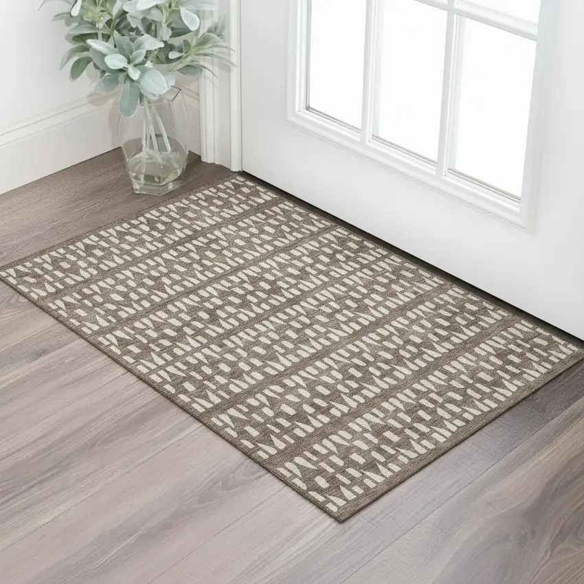 Brown And Ivory Geometric Washable Area Rug With UV Protection Photo 2