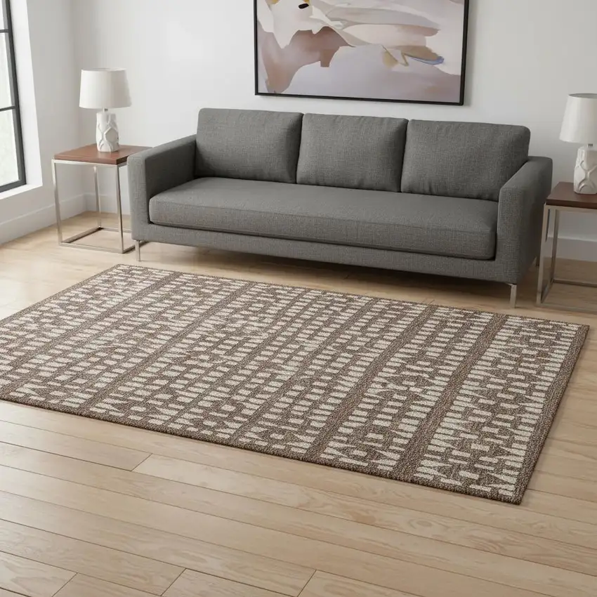 Brown And Ivory Geometric Washable Area Rug With UV Protection Photo 2