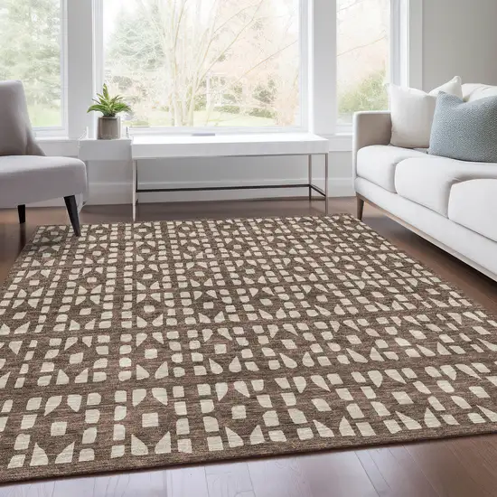 Brown And Ivory Geometric Washable Area Rug With UV Protection Photo 5