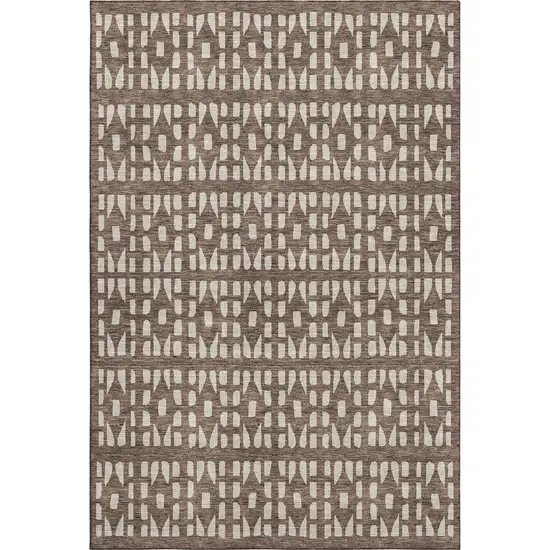 Brown And Ivory Geometric Washable Area Rug With UV Protection Photo 1
