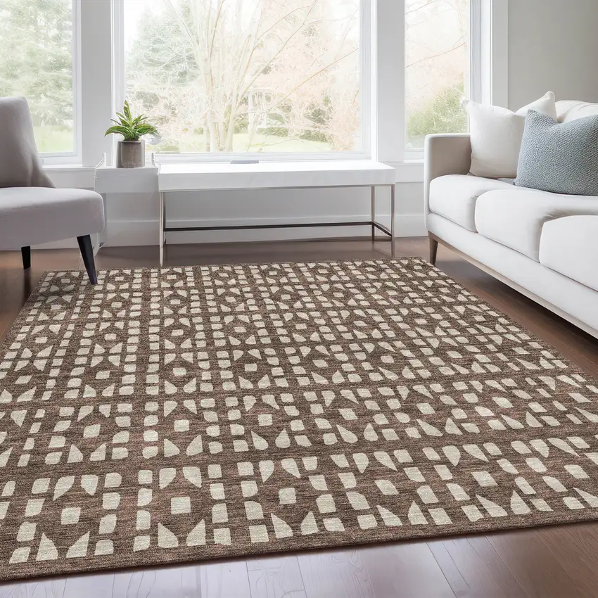 Brown And Ivory Geometric Washable Area Rug With UV Protection Photo 5
