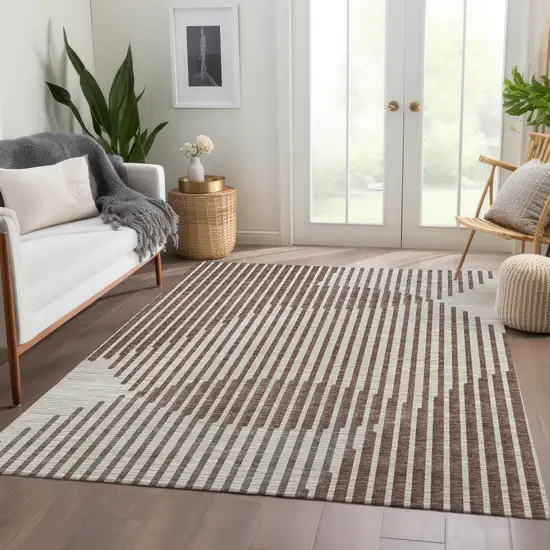 Brown And Ivory Geometric Washable Area Rug With UV Protection Photo 5