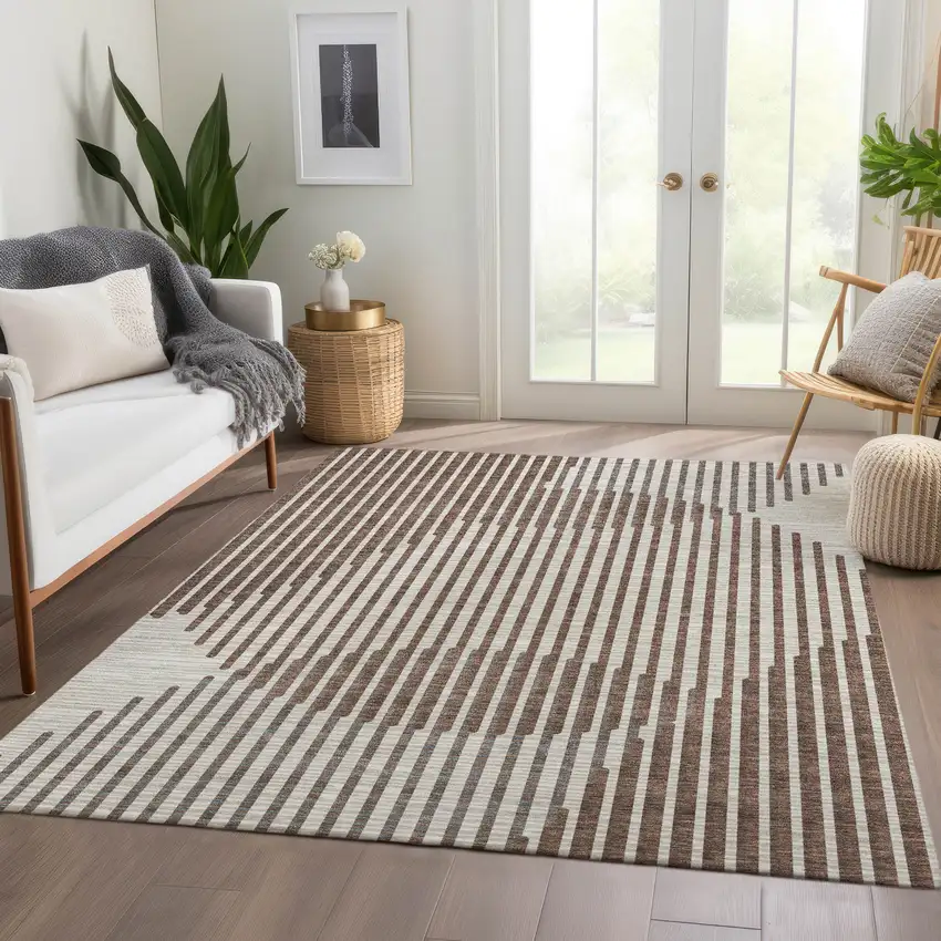 Brown And Ivory Geometric Washable Area Rug With UV Protection Photo 5