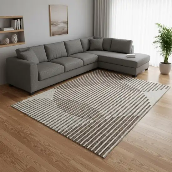 Brown And Ivory Geometric Washable Area Rug With UV Protection Photo 2