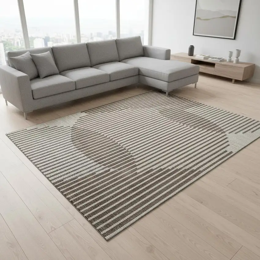 Brown And Ivory Geometric Washable Area Rug With UV Protection Photo 2