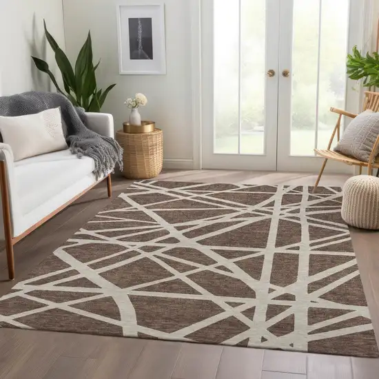 Brown And Ivory Geometric Washable Area Rug With UV Protection Photo 5