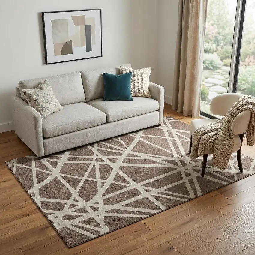 Brown And Ivory Geometric Washable Area Rug With UV Protection Photo 1