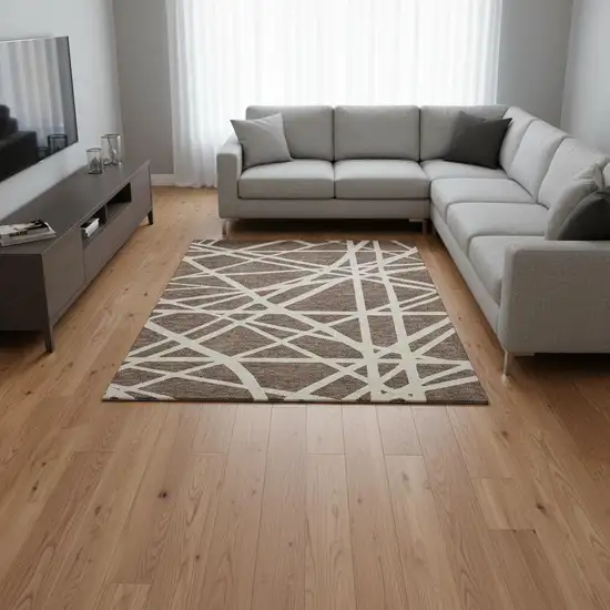 Brown And Ivory Geometric Washable Area Rug With UV Protection Photo 2