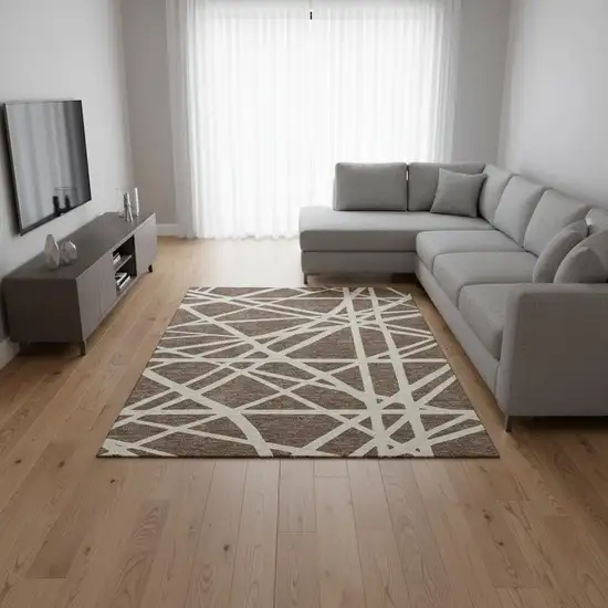 Brown And Ivory Geometric Washable Area Rug With UV Protection Photo 2