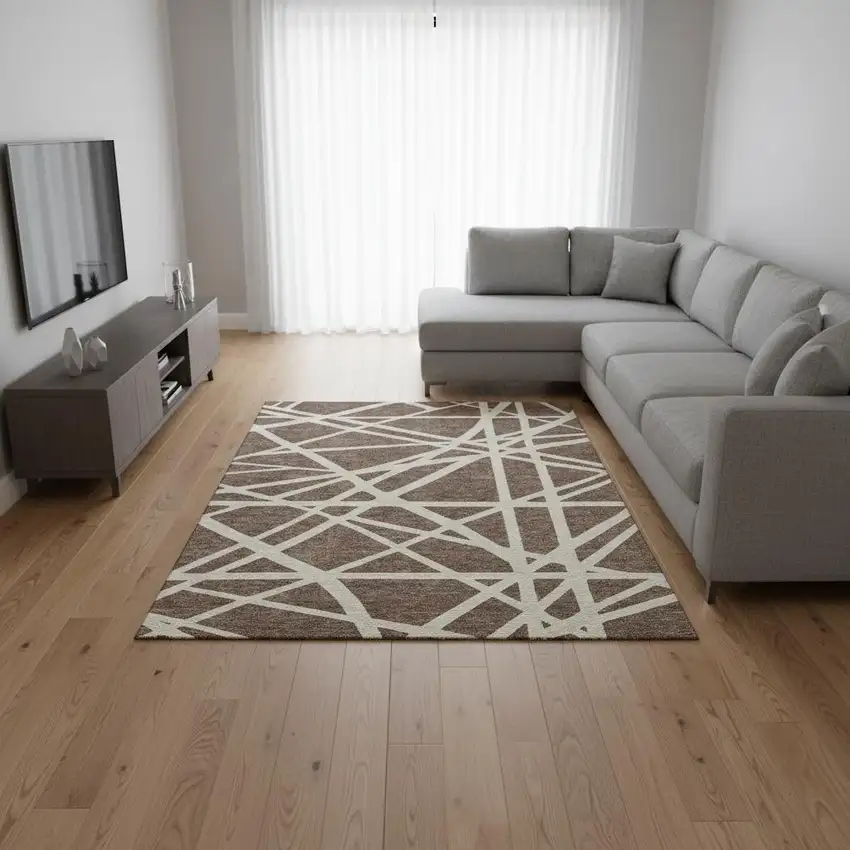 Brown And Ivory Geometric Washable Area Rug With UV Protection Photo 2