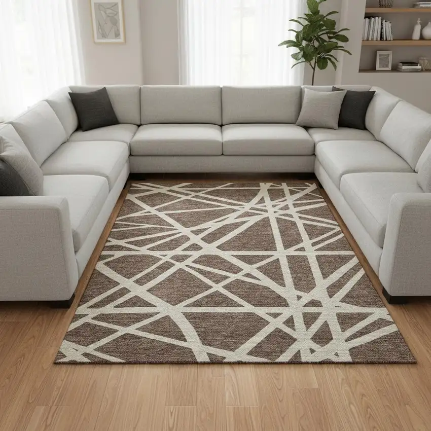 Brown And Ivory Geometric Washable Area Rug With UV Protection Photo 2