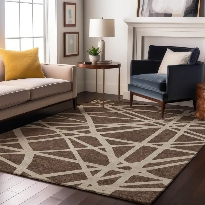 Brown And Ivory Geometric Washable Area Rug With UV Protection Photo 4