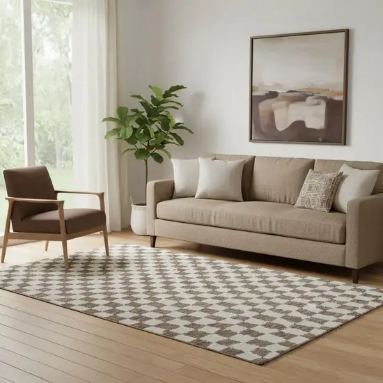 Brown And Ivory Geometric Washable Area Rug With UV Protection Photo 2