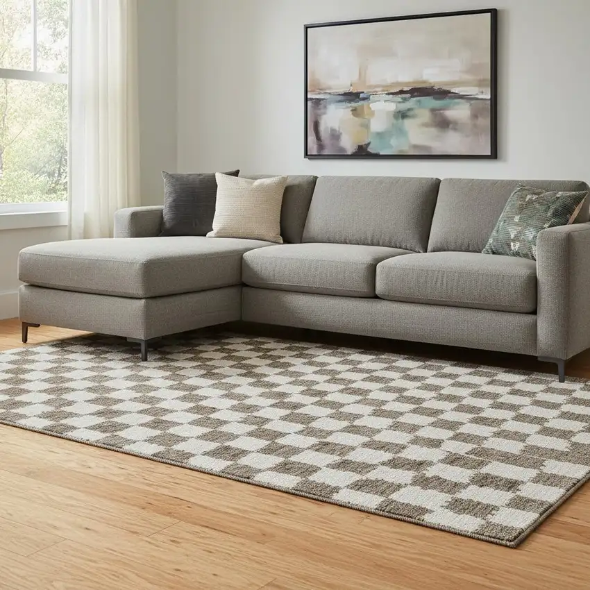 Brown And Ivory Geometric Washable Area Rug With UV Protection Photo 2