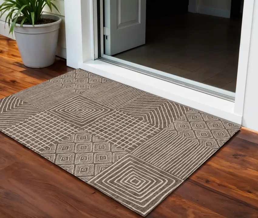 Brown And Ivory Geometric Washable Indoor Outdoor Area Rug Photo 1