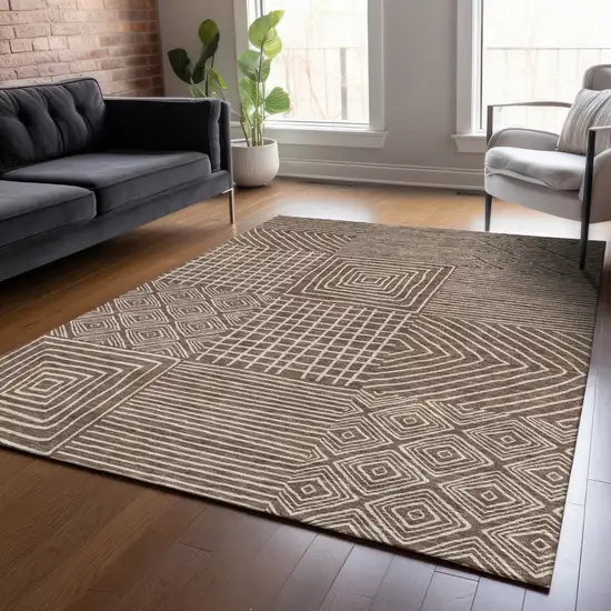 Brown And Ivory Geometric Washable Indoor Outdoor Area Rug Photo 9