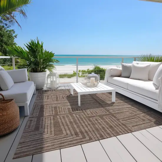 Brown And Ivory Geometric Washable Indoor Outdoor Area Rug Photo 9