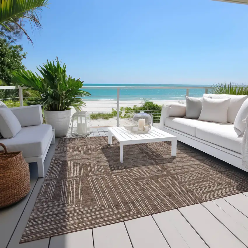 Brown And Ivory Geometric Washable Indoor Outdoor Area Rug Photo 9