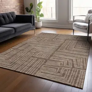 Photo of Brown And Ivory Geometric Washable Indoor Outdoor Area Rug
