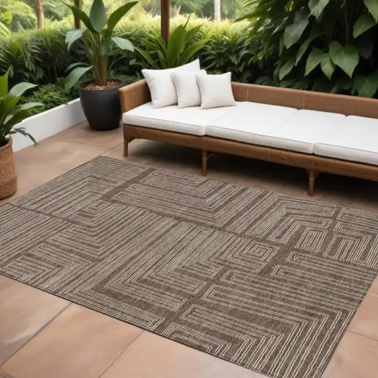 Brown And Ivory Geometric Washable Indoor Outdoor Area Rug Photo 1