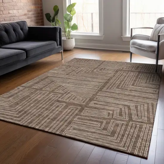 Brown And Ivory Geometric Washable Indoor Outdoor Area Rug Photo 8