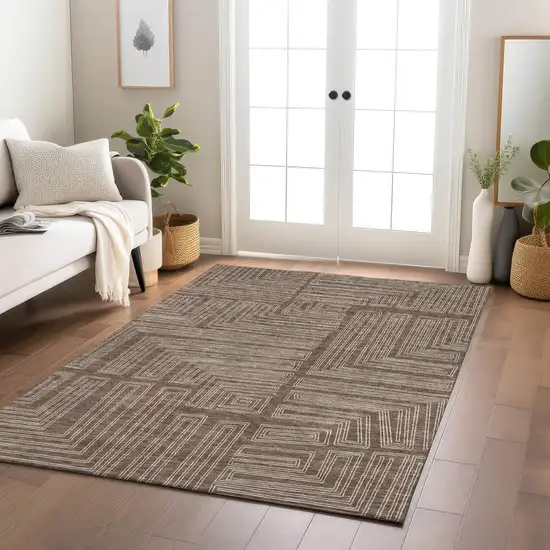 Brown And Ivory Geometric Washable Indoor Outdoor Area Rug Photo 9