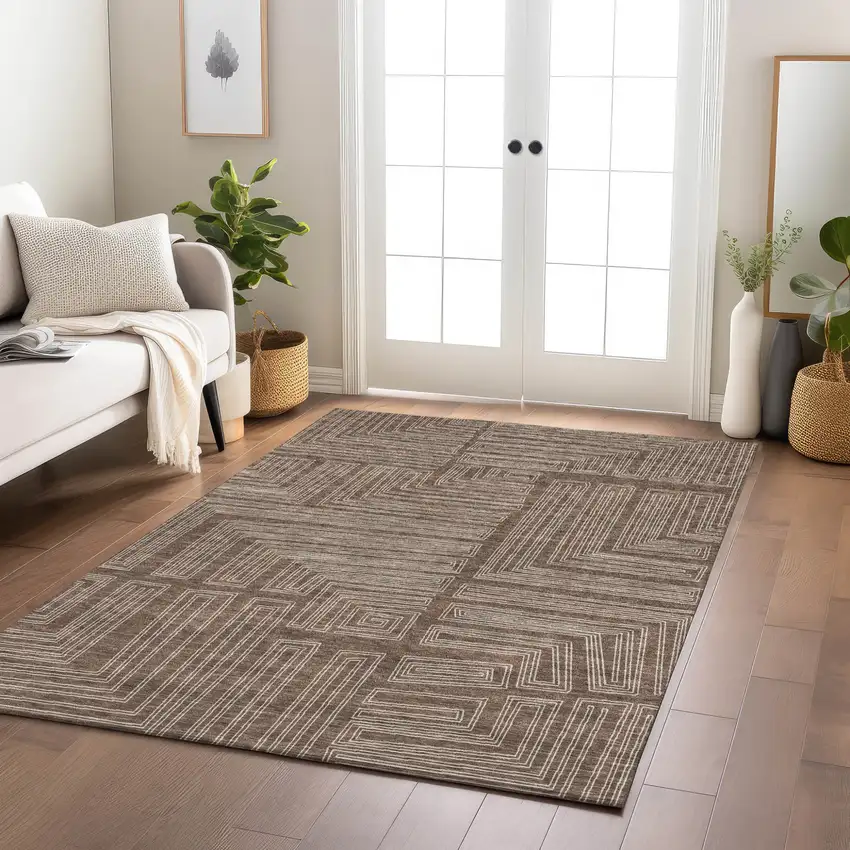 Brown And Ivory Geometric Washable Indoor Outdoor Area Rug Photo 9