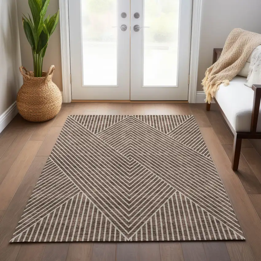 Brown And Ivory Geometric Washable Indoor Outdoor Area Rug Photo 9