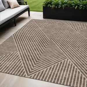 Photo of Brown And Ivory Geometric Washable Indoor Outdoor Area Rug