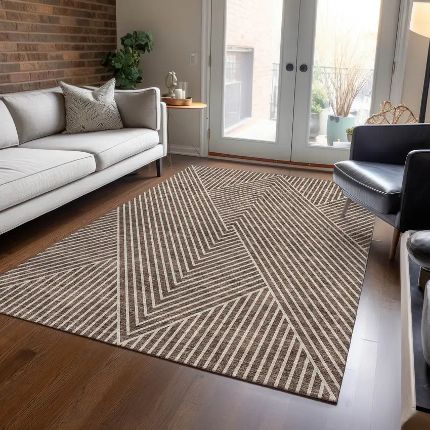 Brown And Ivory Geometric Washable Indoor Outdoor Area Rug Photo 9