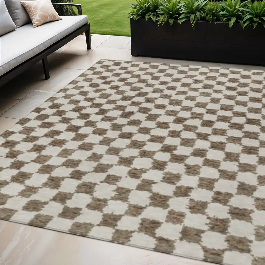 Brown And Ivory Geometric Washable Indoor Outdoor Area Rug Photo 2