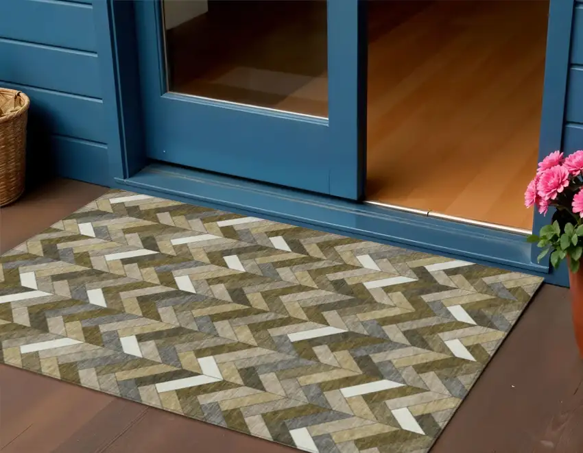 Brown And Ivory Geometric Washable Indoor Outdoor Area Rug Photo 1