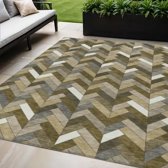 Brown And Ivory Geometric Washable Indoor Outdoor Area Rug Photo 1
