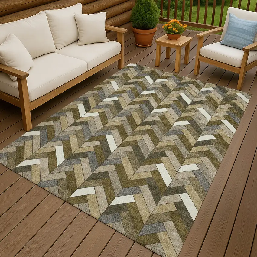 Brown And Ivory Geometric Washable Indoor Outdoor Area Rug Photo 9