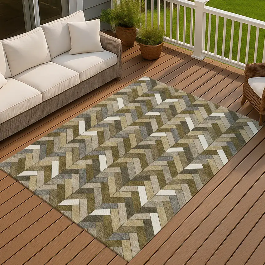 Brown And Ivory Geometric Washable Indoor Outdoor Area Rug Photo 6