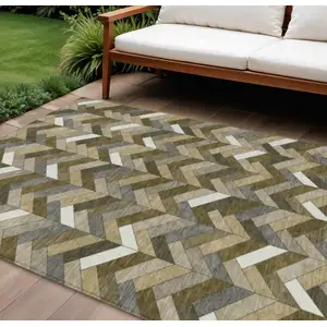 Photo of Brown And Ivory Geometric Washable Indoor Outdoor Area Rug