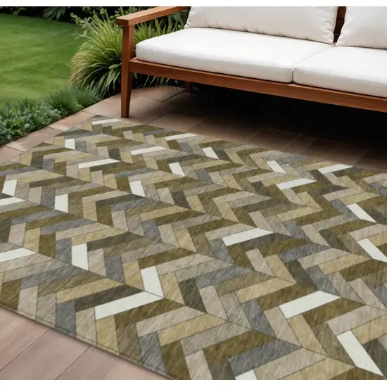 Brown And Ivory Geometric Washable Indoor Outdoor Area Rug Photo 1