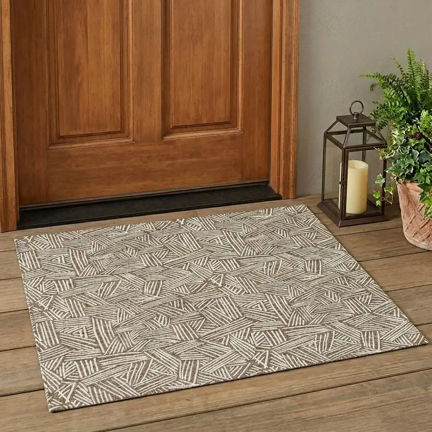 Brown And Ivory Geometric Washable Indoor Outdoor Area Rug Photo 1